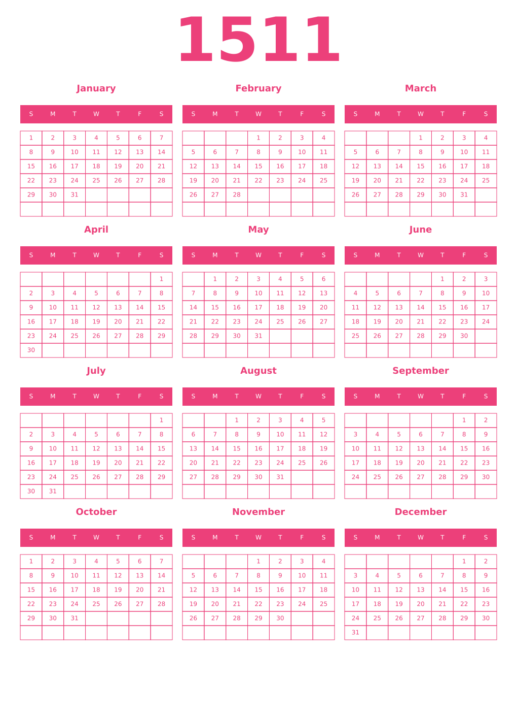 Printable 1511 Year Calendars pink