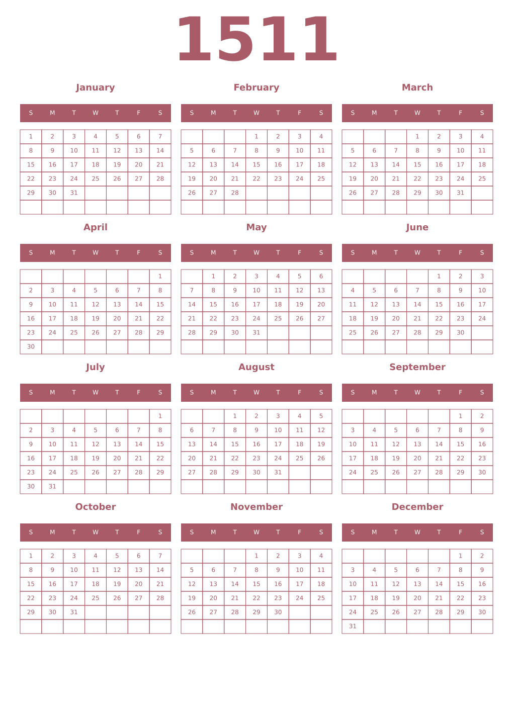 Printable 1511 Year Calendars puce
