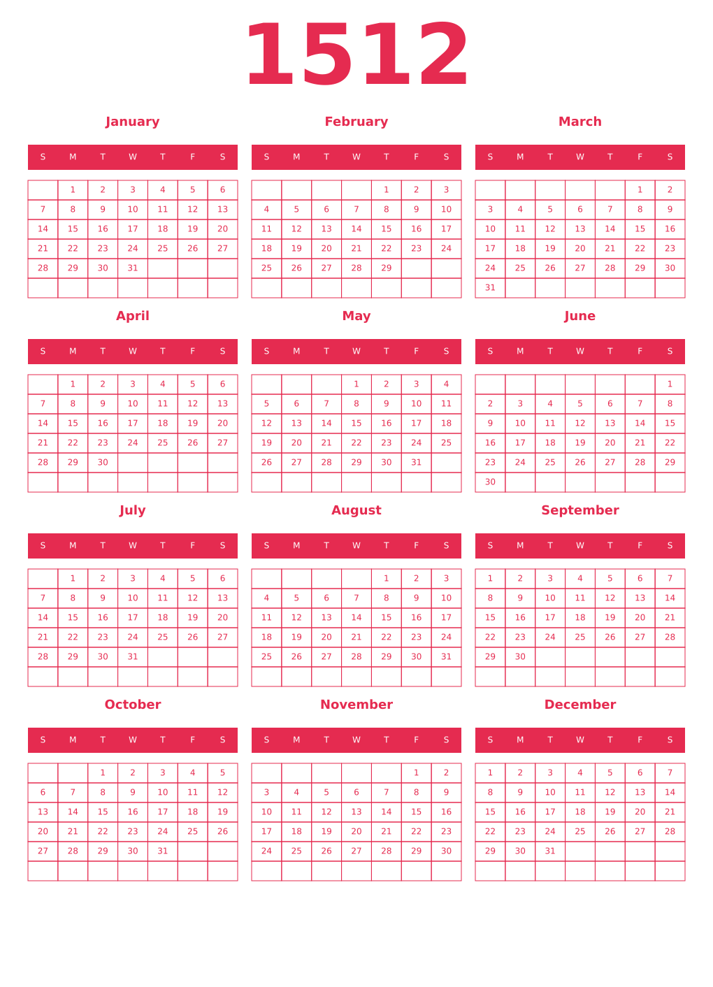 Printable 1512 Year Calendars amaranth