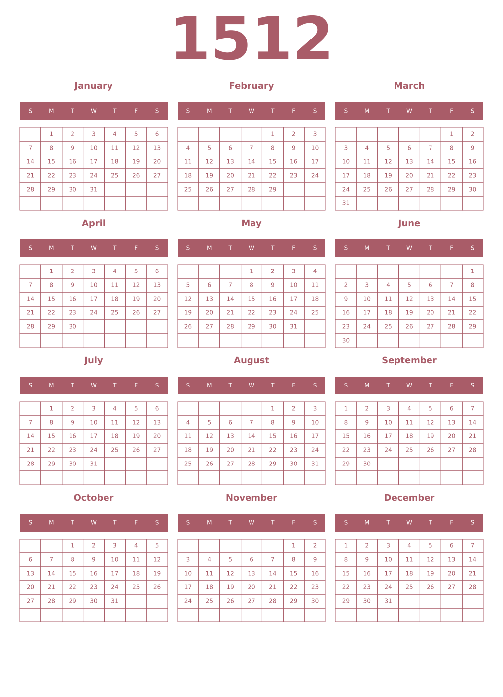 Printable 1512 Year Calendars puce