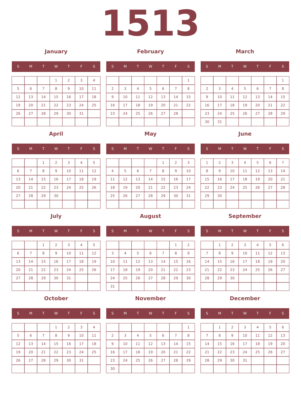 Printable 1513 Year Calendars cordovan