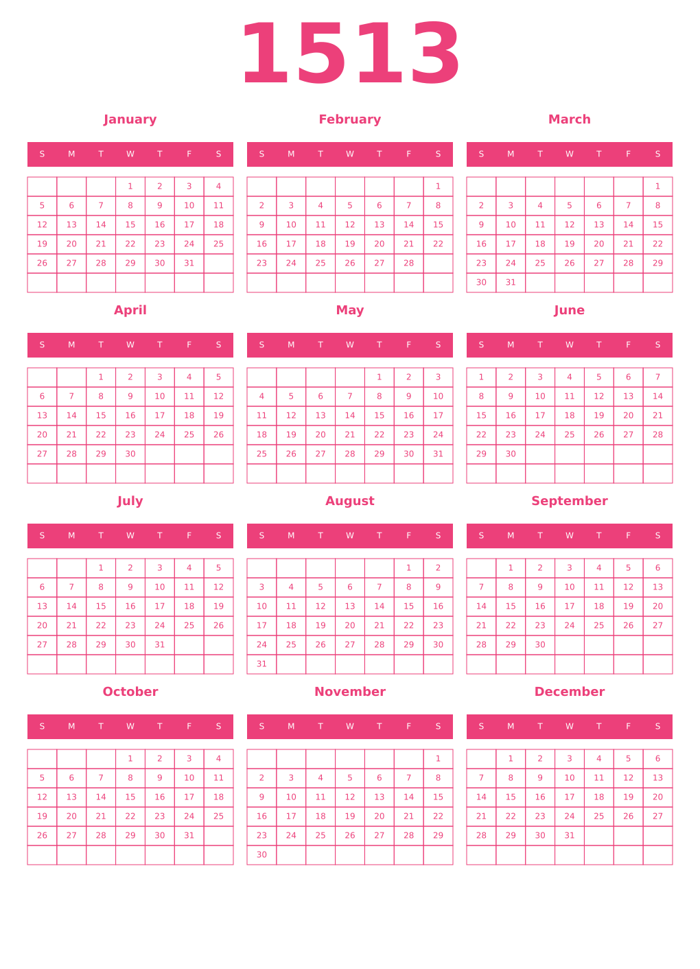 Printable 1513 Year Calendars pink