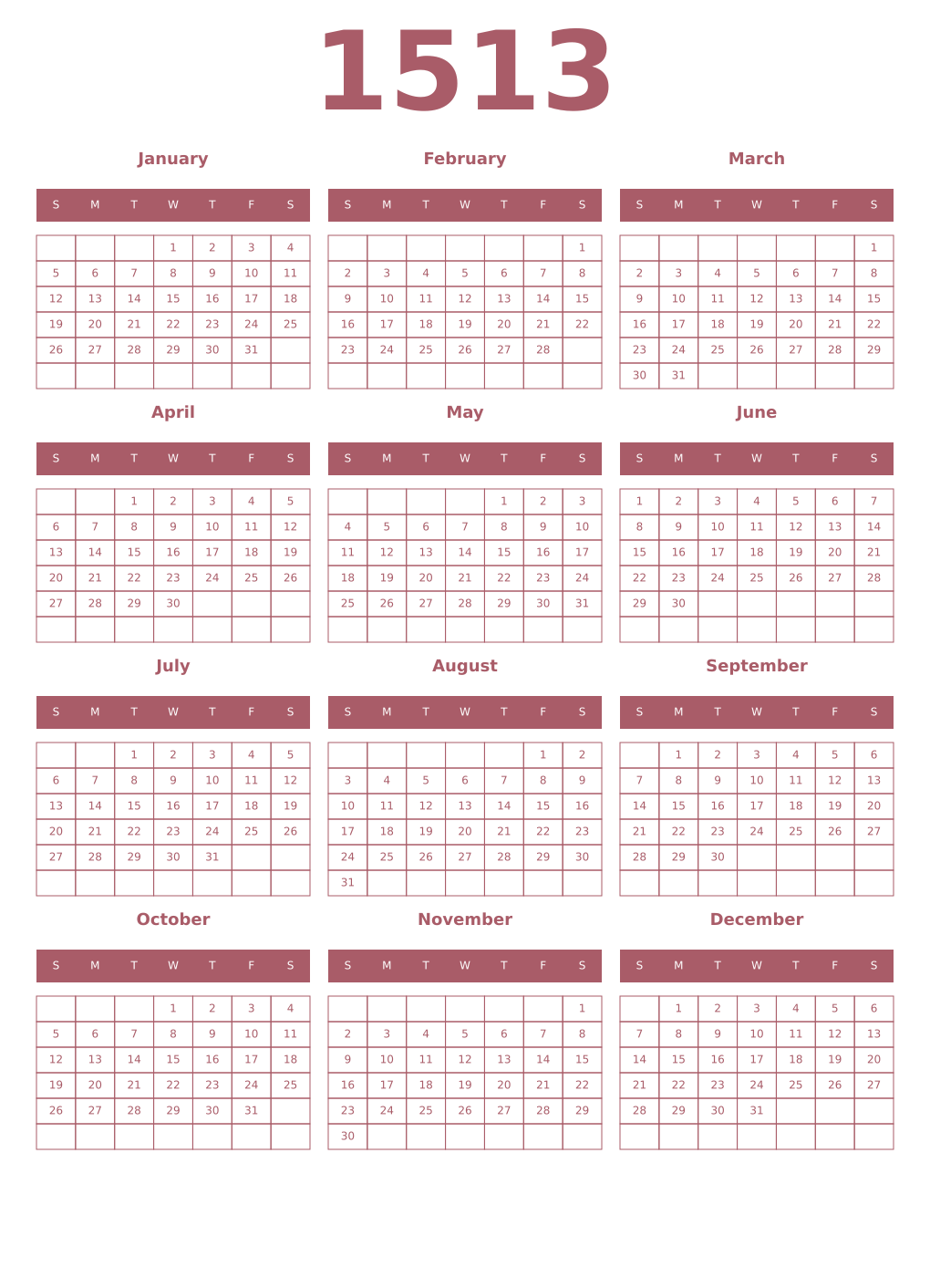 Printable 1513 Year Calendars puce
