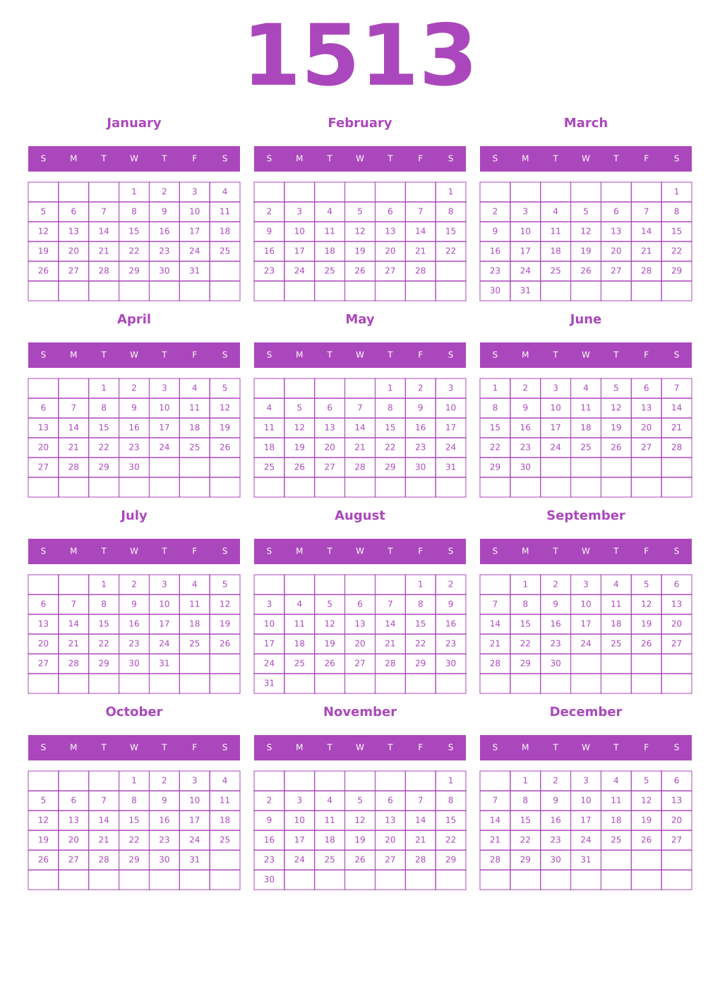 Printable 1513 Year Calendars purple