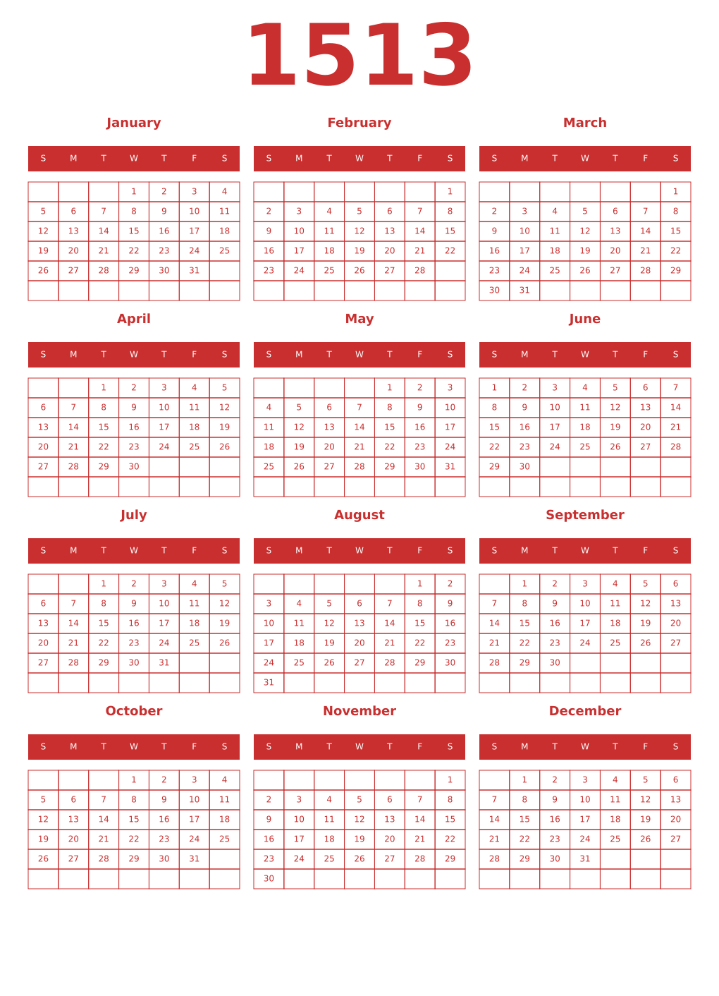 Printable 1513 Year Calendars red