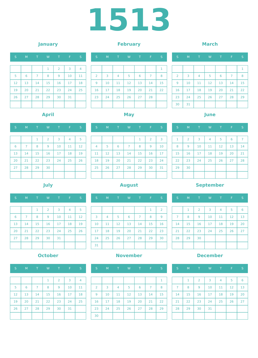 Printable 1513 Year Calendars verdigris