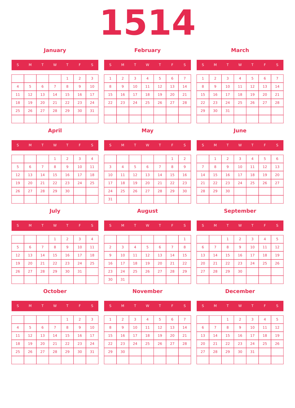 Printable 1514 Year Calendars amaranth