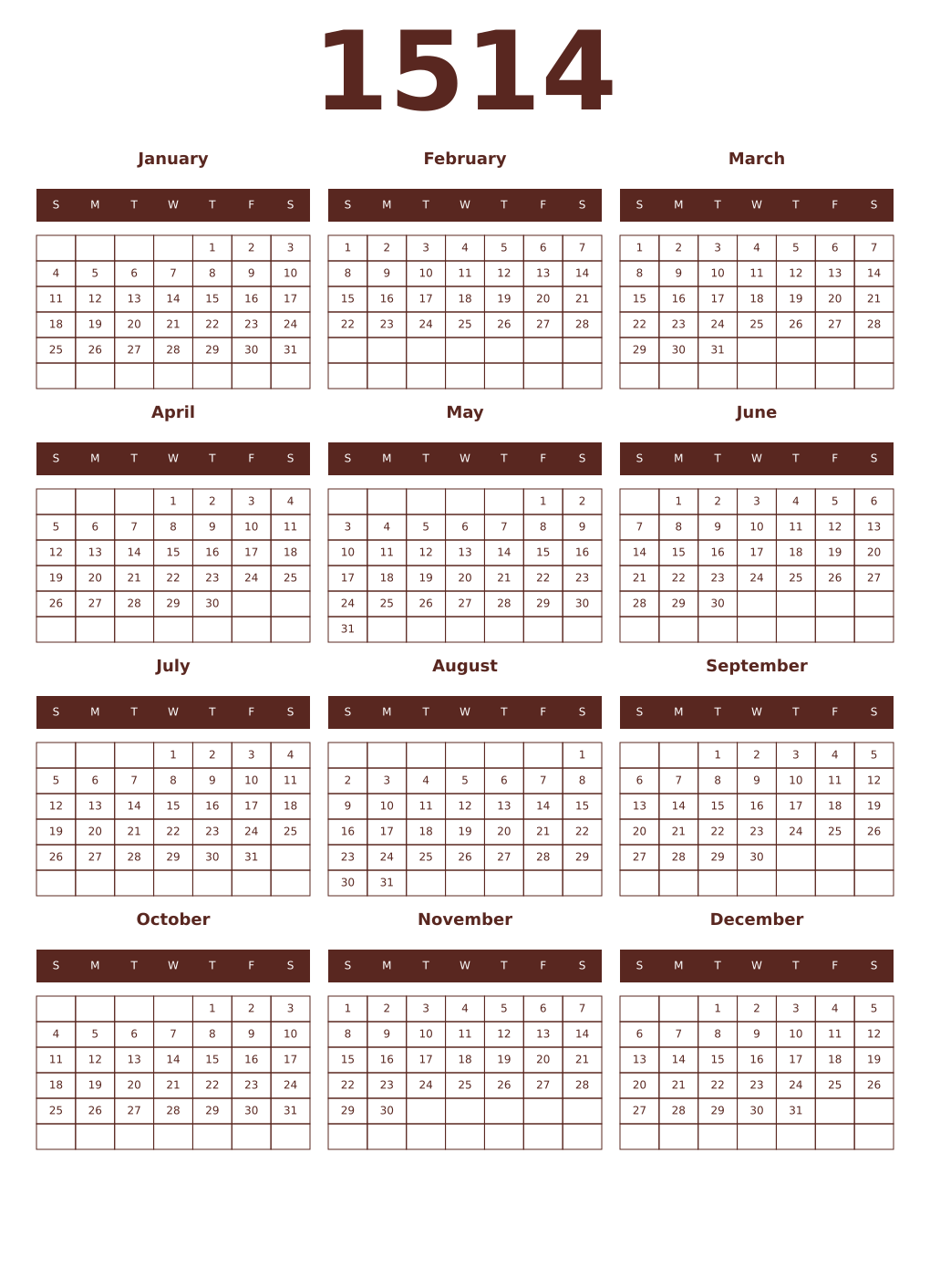 Printable 1514 Year Calendars mortuum