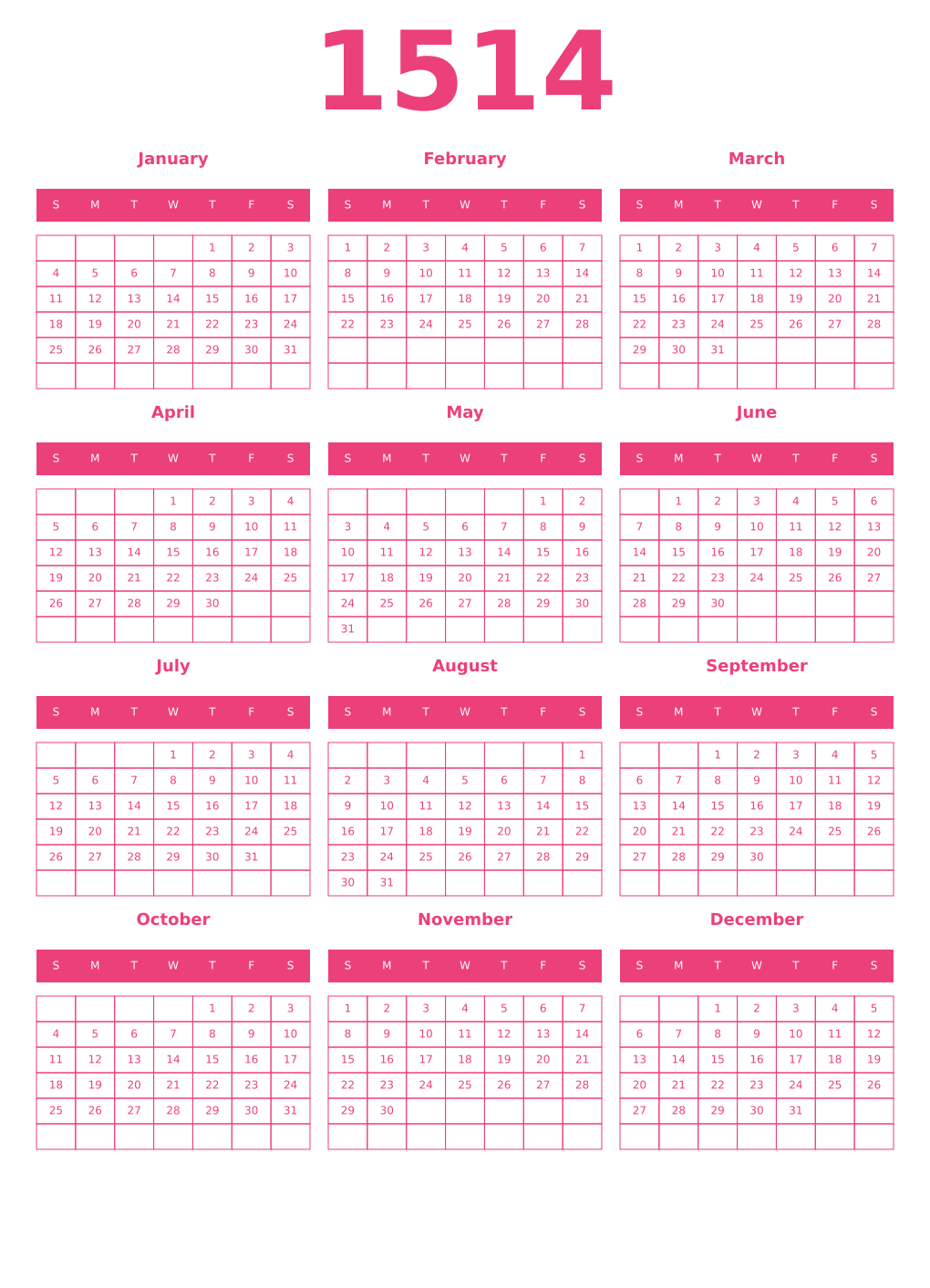 Printable 1514 Year Calendars pink