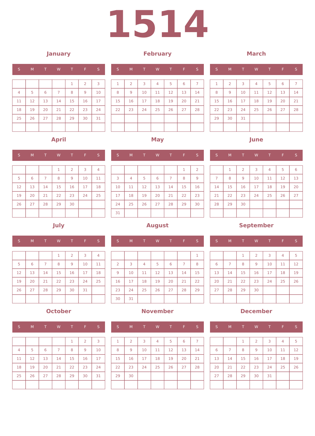 Printable 1514 Year Calendars puce