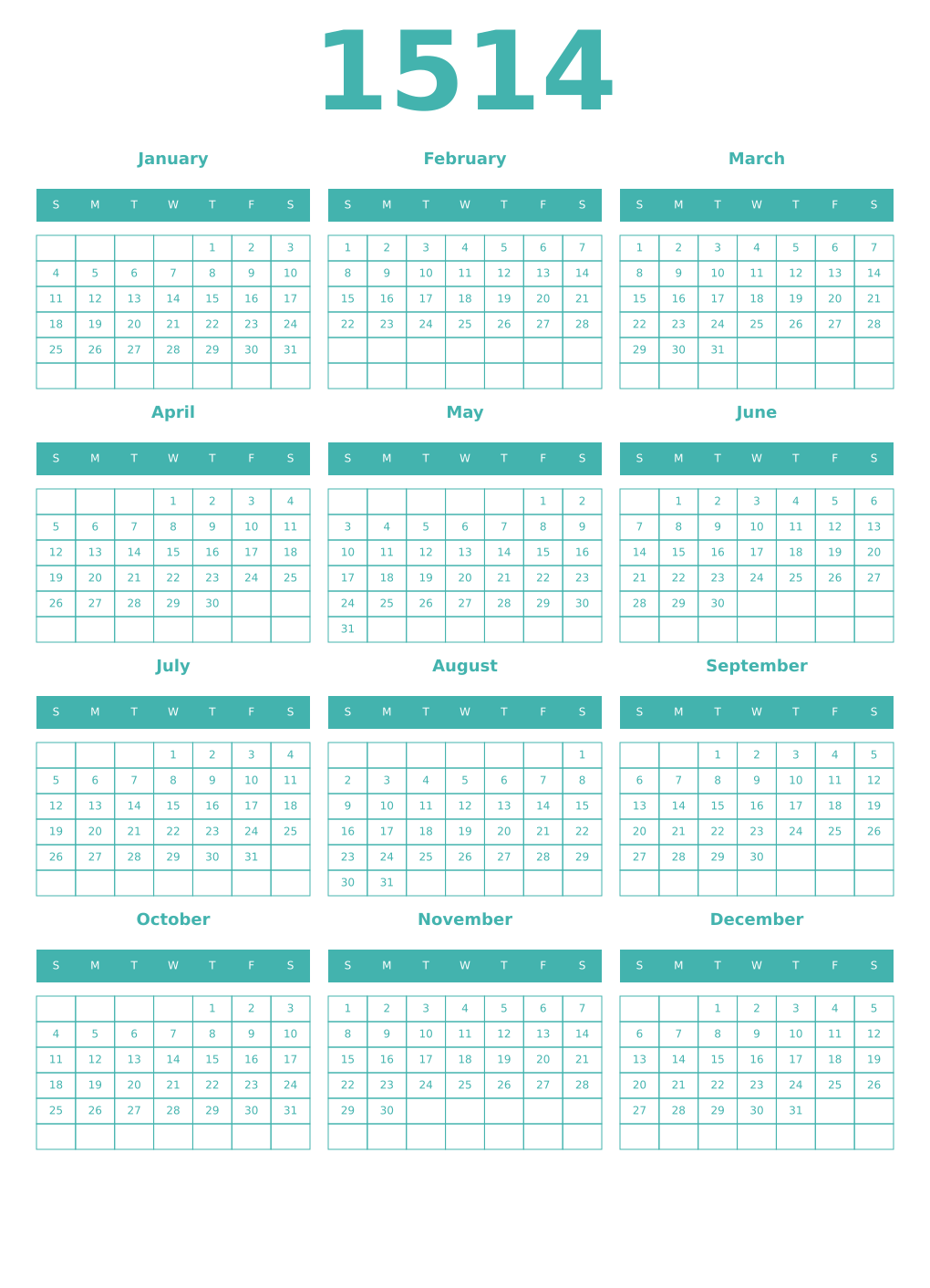Printable 1514 Year Calendars verdigris