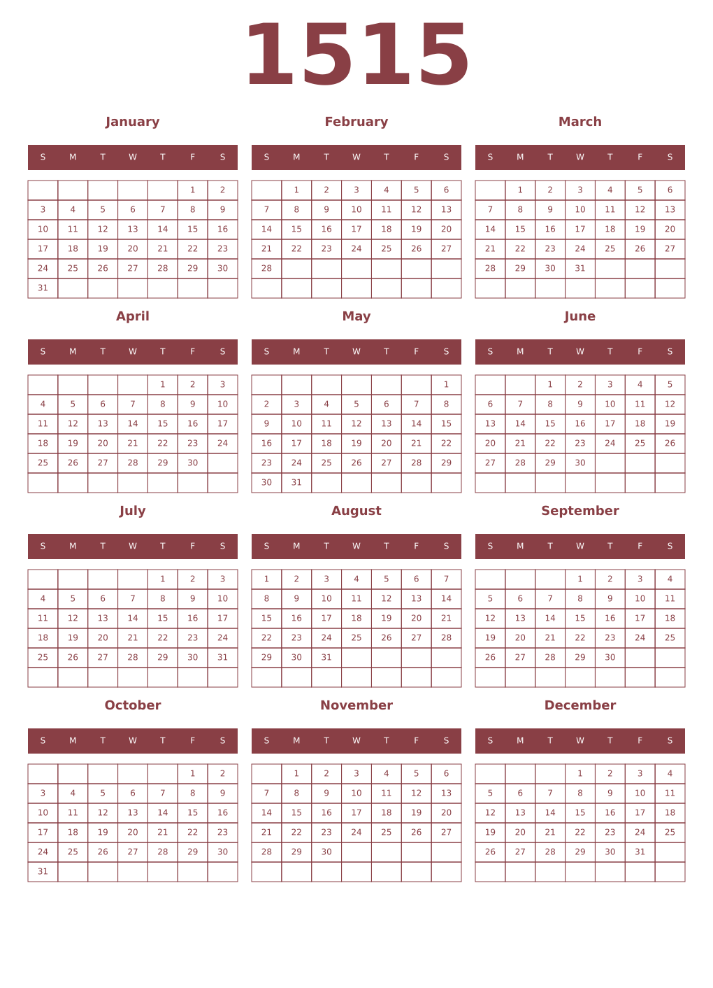 Printable 1515 Year Calendars cordovan