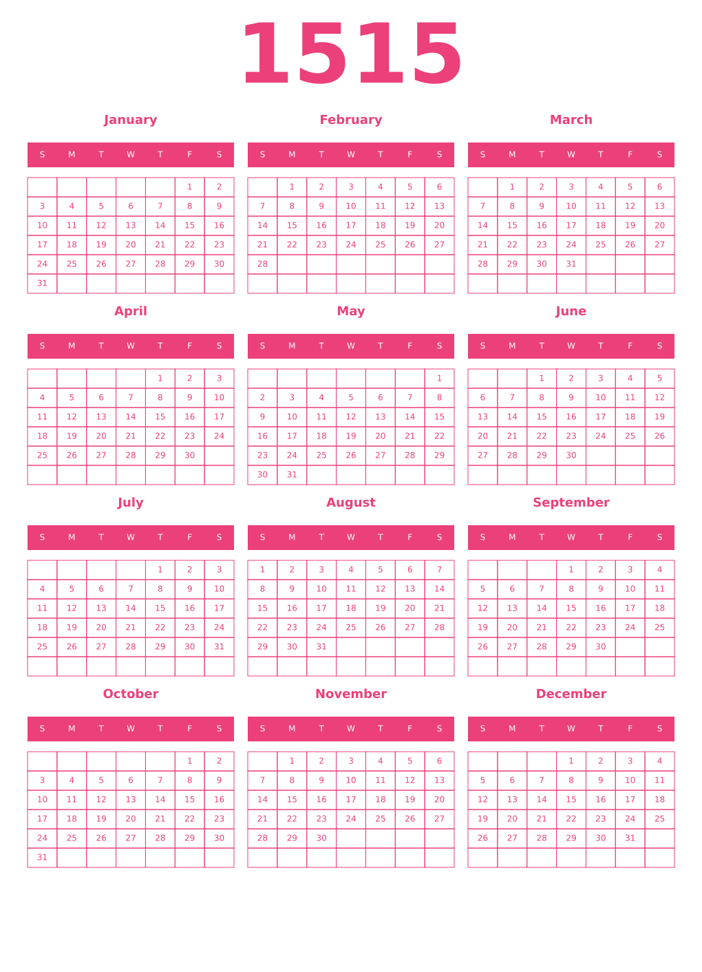 Printable 1515 Year Calendars pink