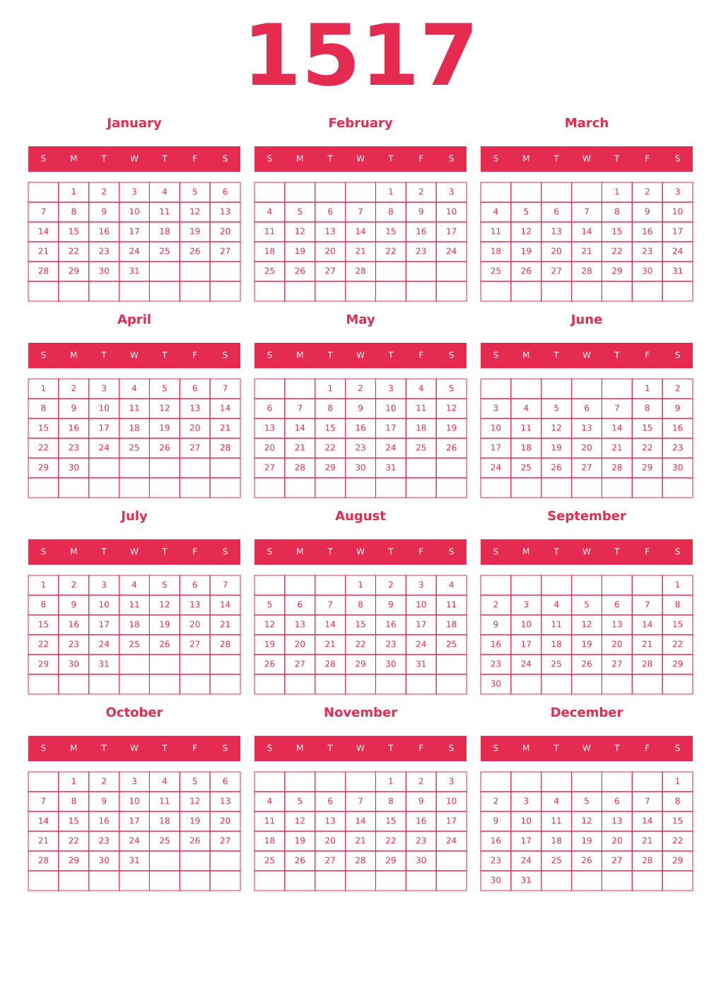 Printable 1517 Year Calendars amaranth