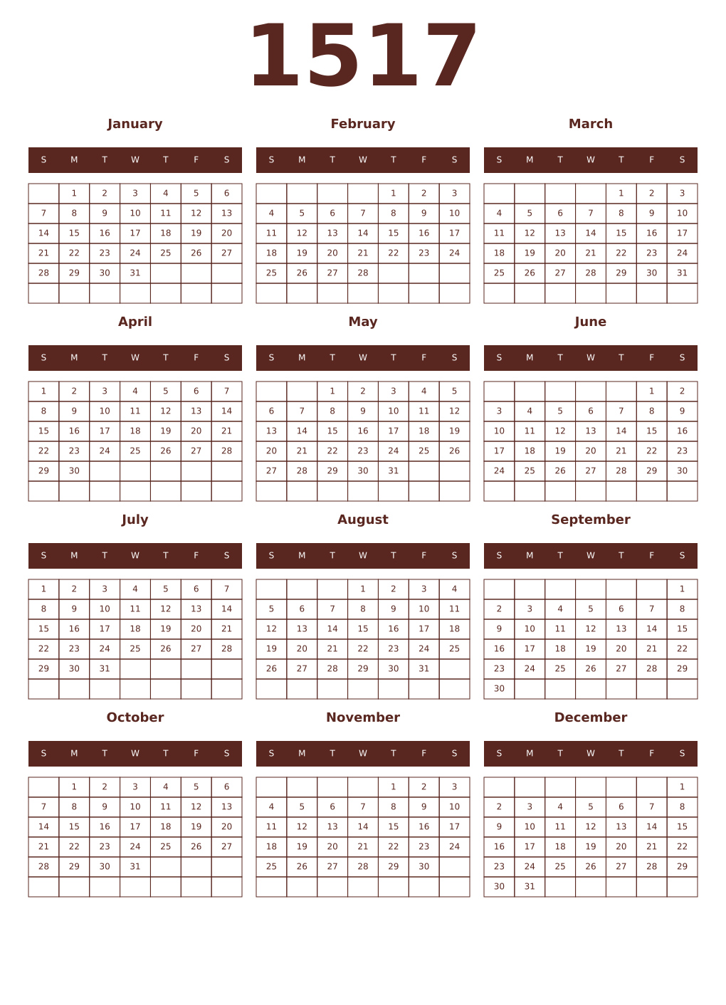 Printable 1517 Year Calendars mortuum