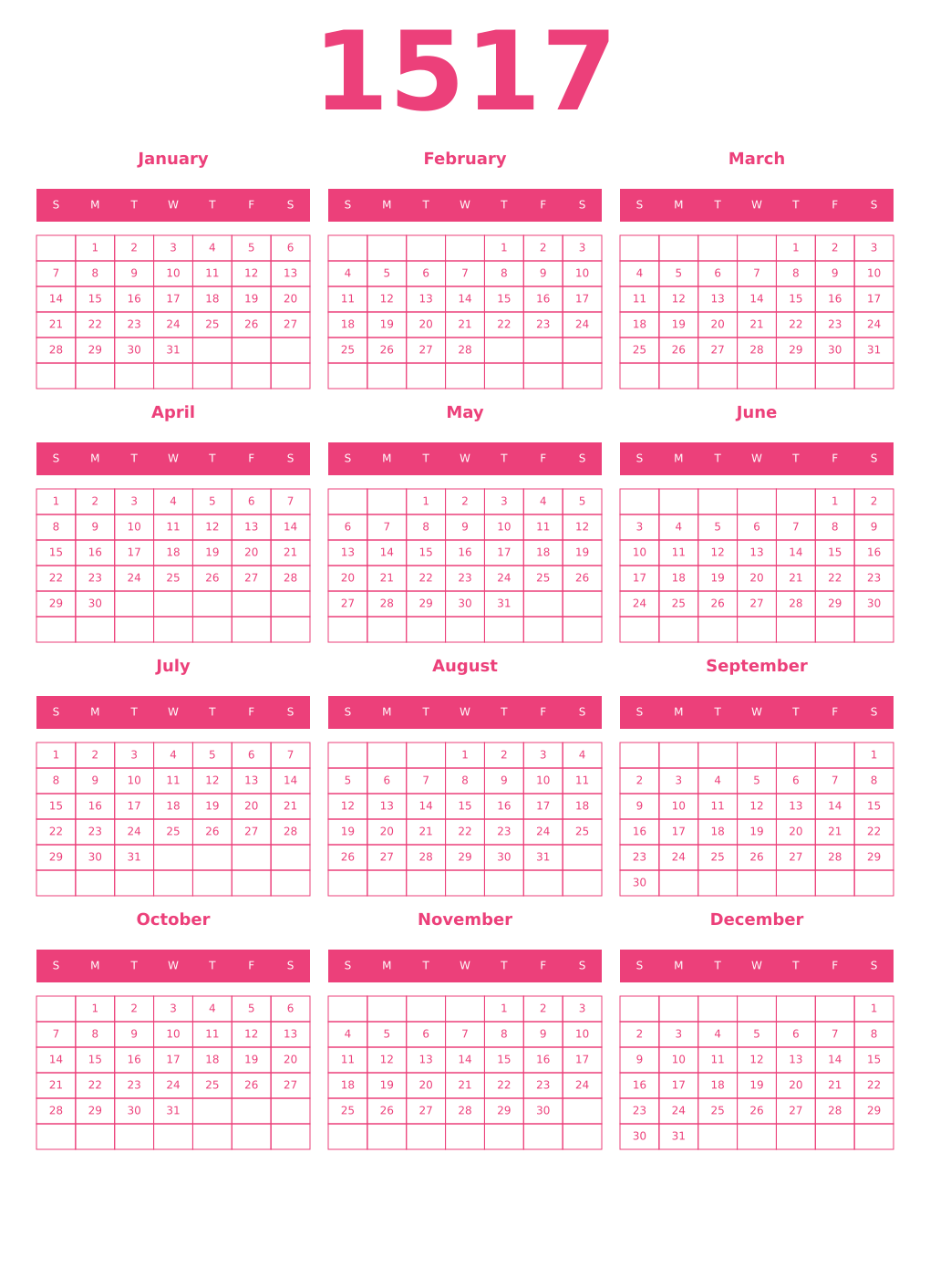 Printable 1517 Year Calendars pink