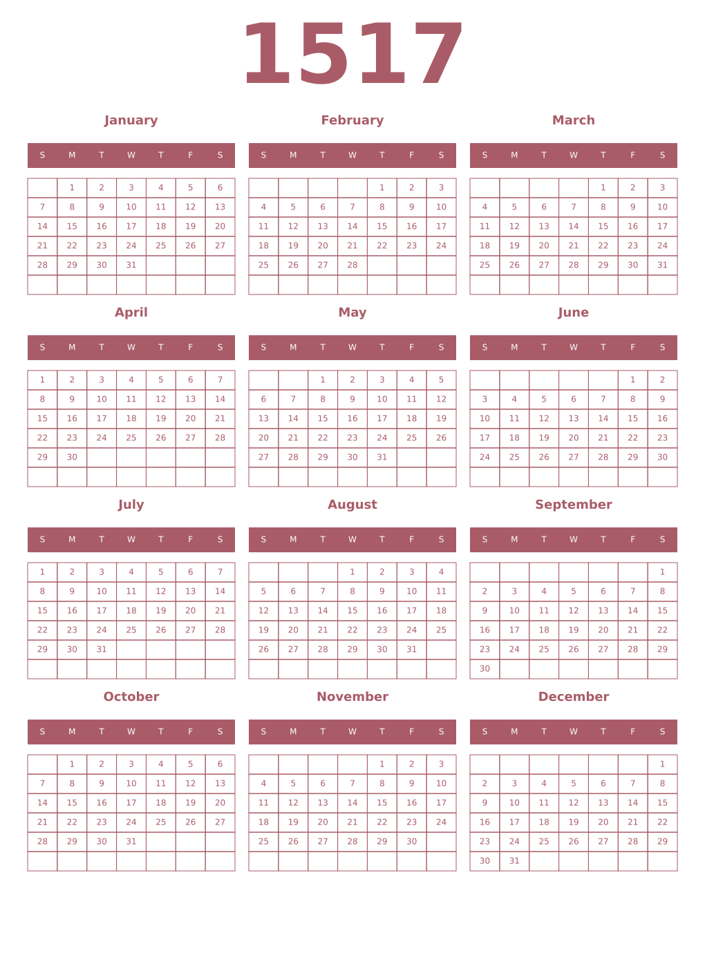 Printable 1517 Year Calendars puce