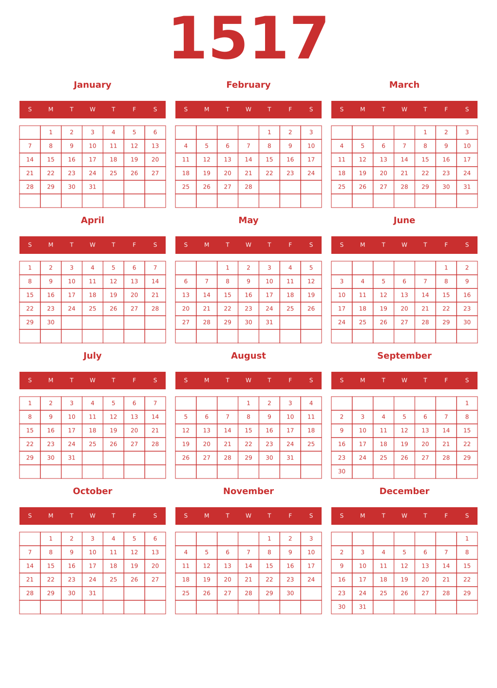 Printable 1517 Year Calendars red