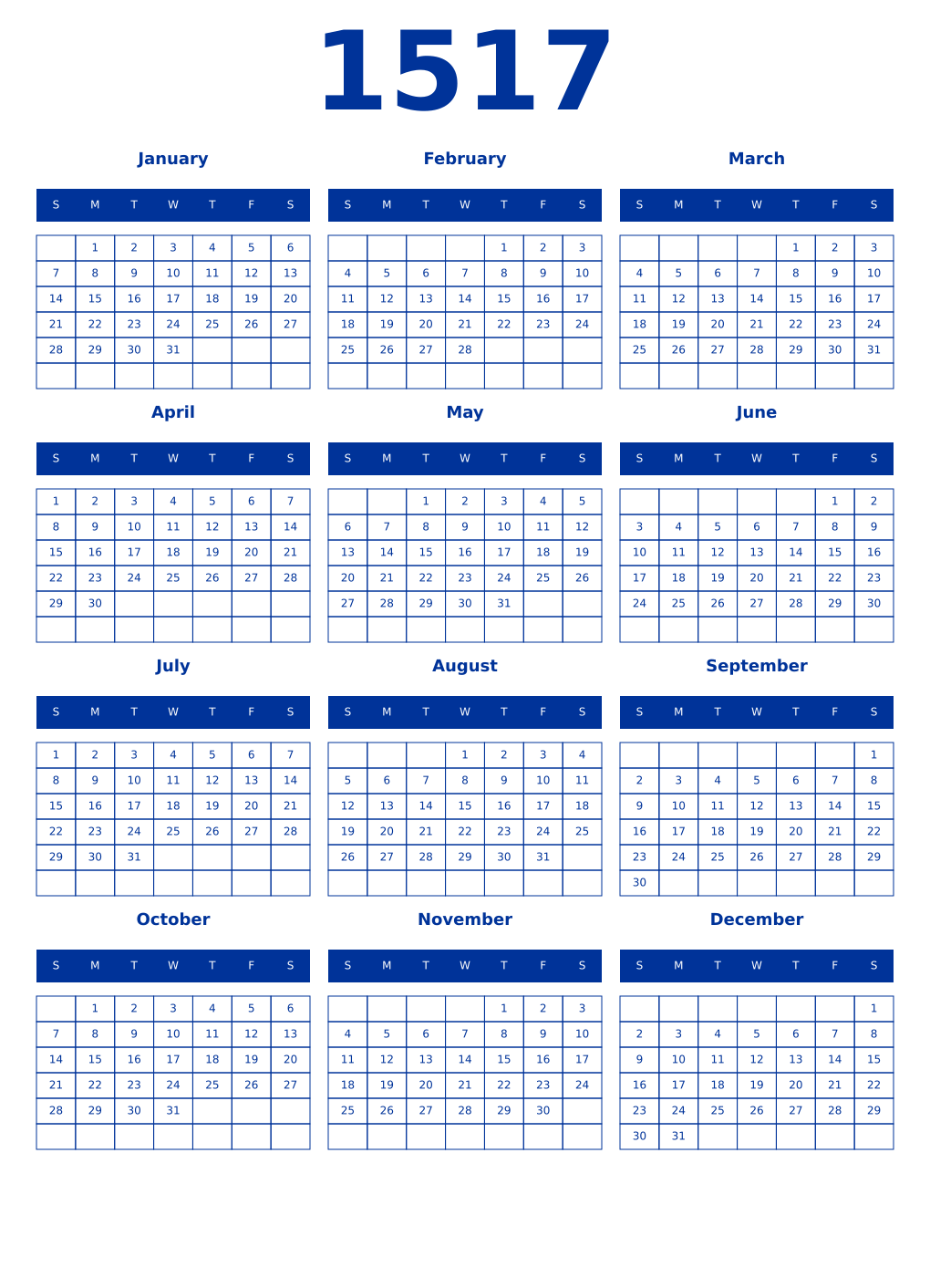 Printable 1517 Year Calendars smalt