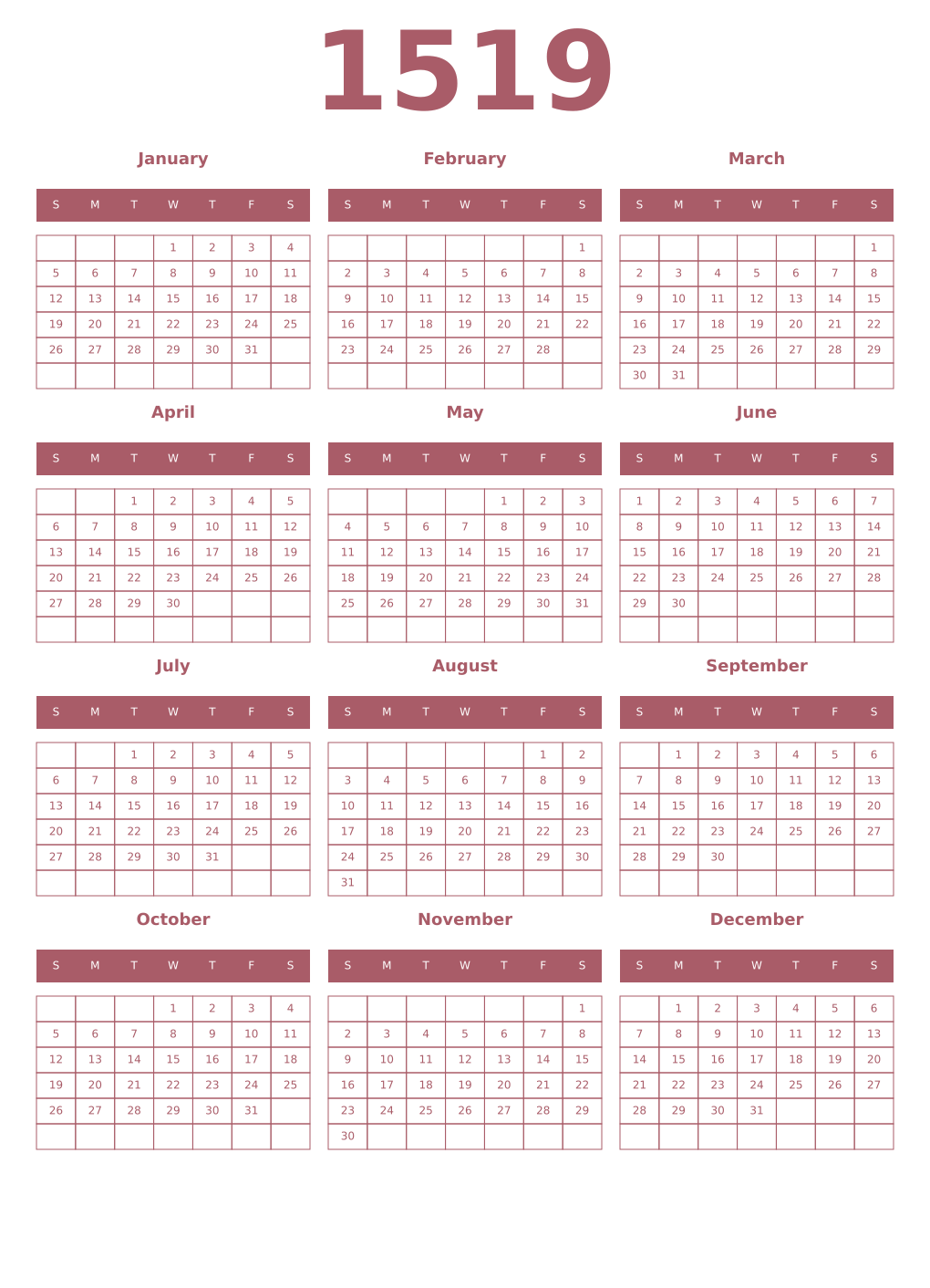 Printable 1519 Year Calendars puce