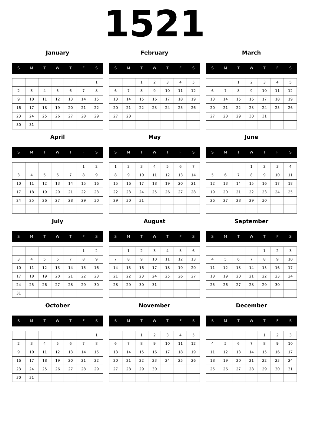 Printable 1521 Calendars