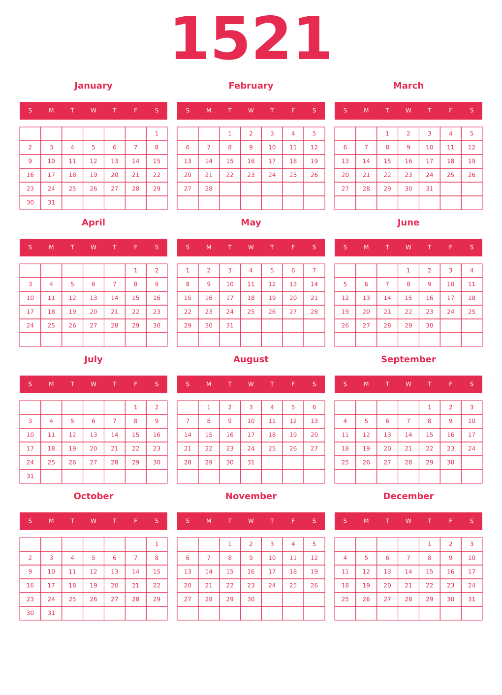 Printable 1521 Year Calendars amaranth