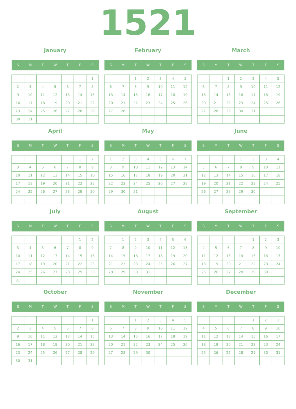 Printable 1521 Year Calendars celadon