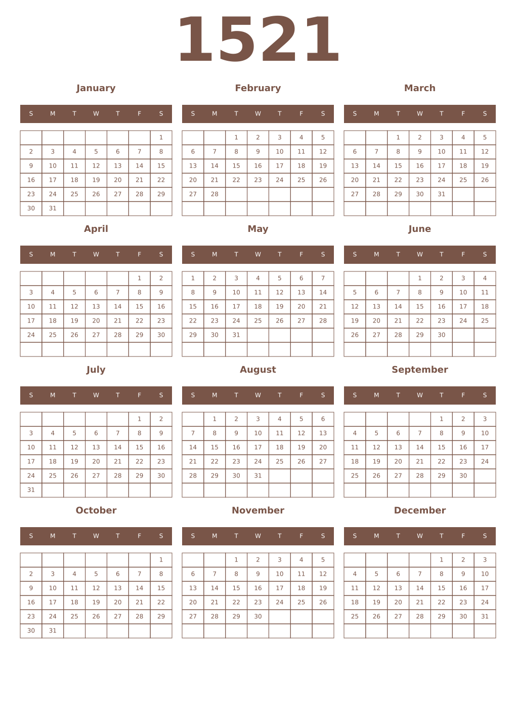 Printable 1521 Year Calendars coffe