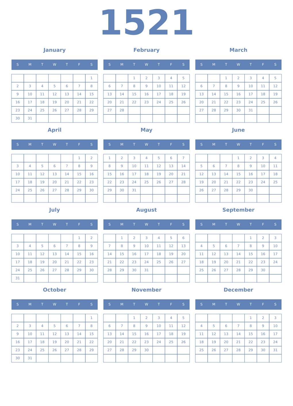 Printable 1521 Year Calendars glaucous