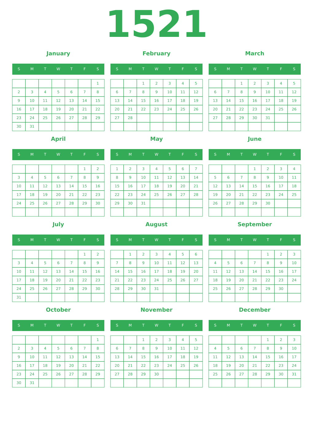 Printable 1521 Year Calendars green