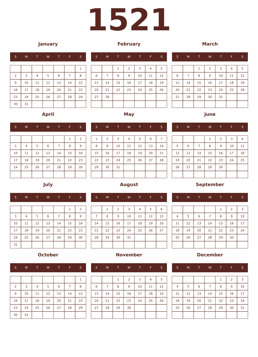 Printable 1521 Year Calendars mortuum