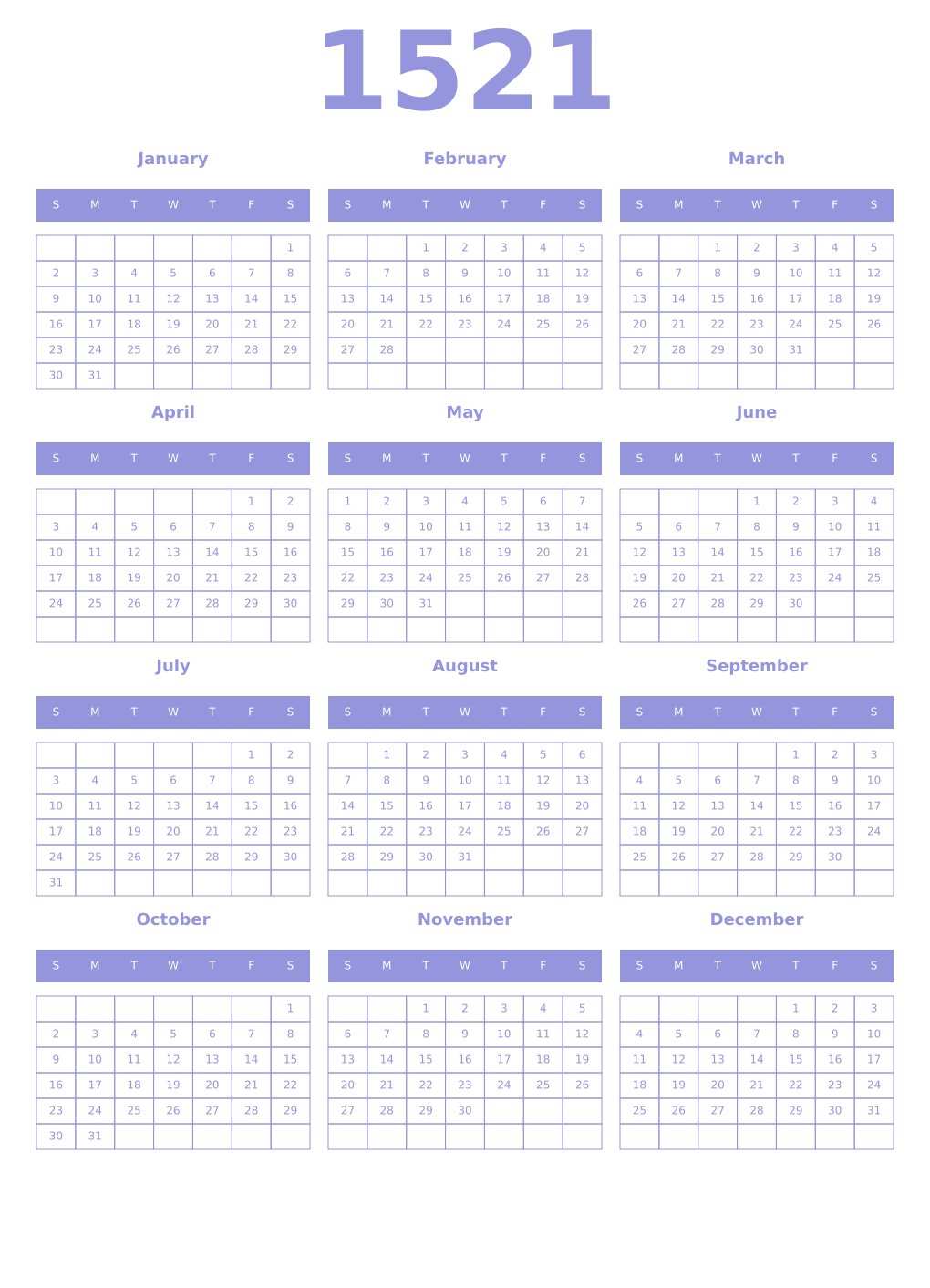 Printable 1521 Year Calendars periwinkle