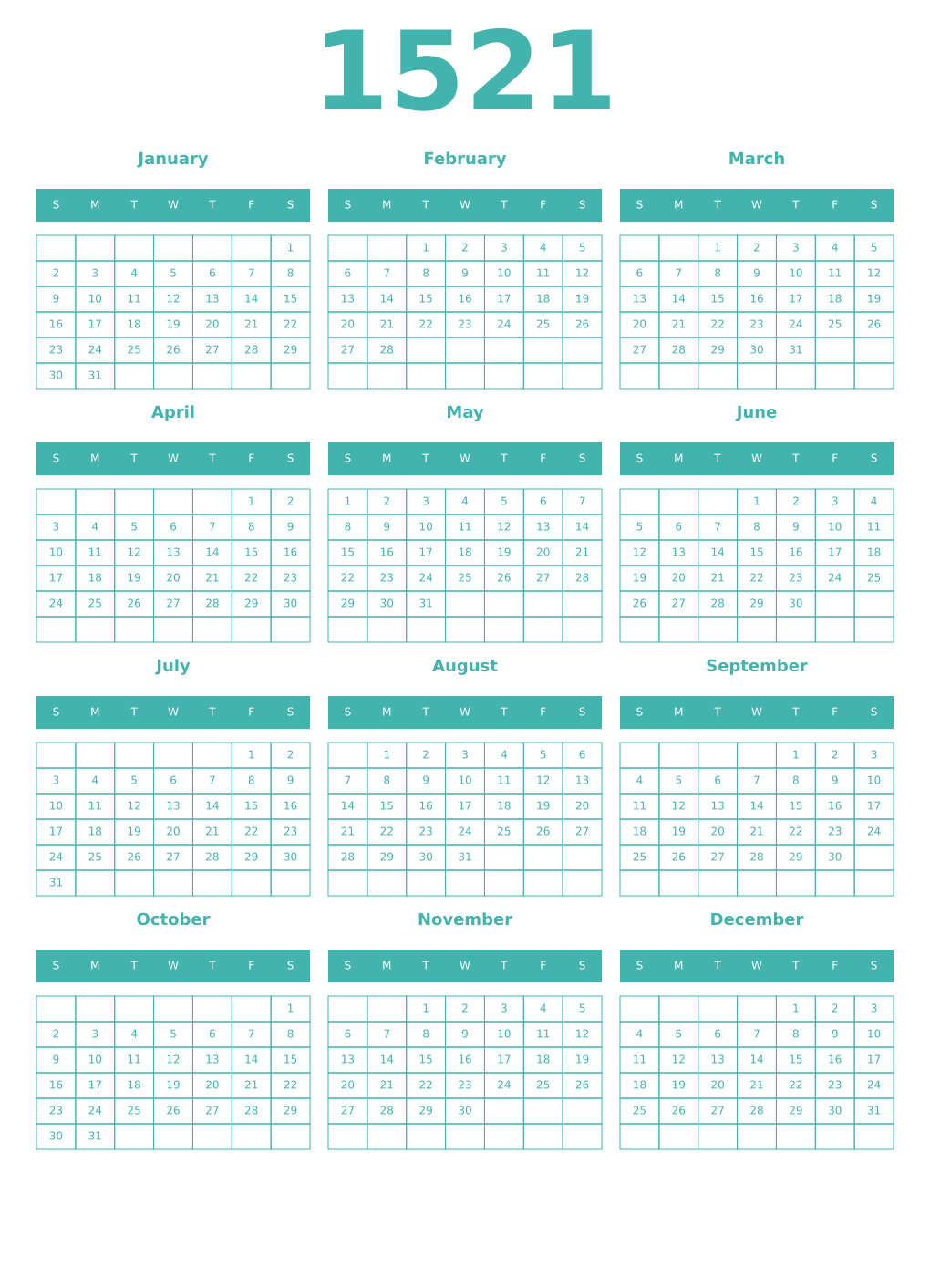 Printable 1521 Year Calendars verdigris