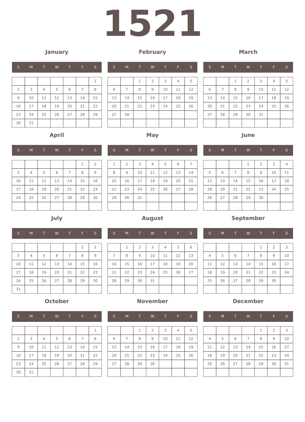 Printable 1521 Year Calendars wenge