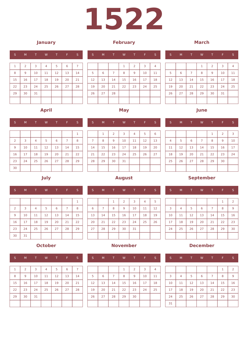 Printable 1522 Year Calendars cordovan