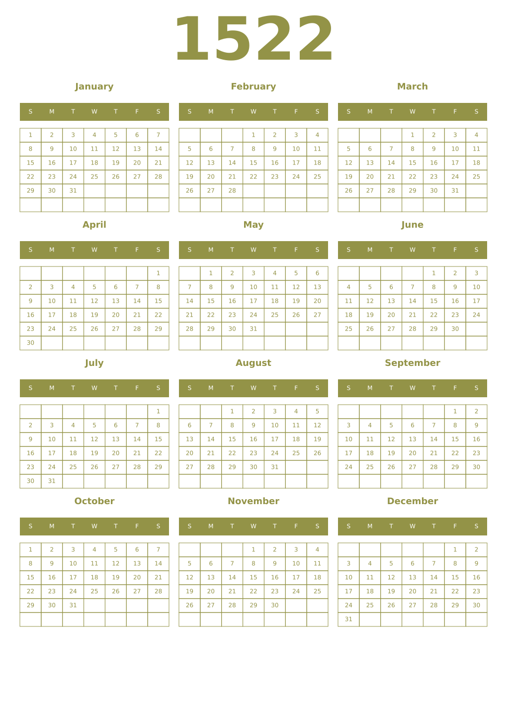 Printable 1522 Year Calendars eburnean