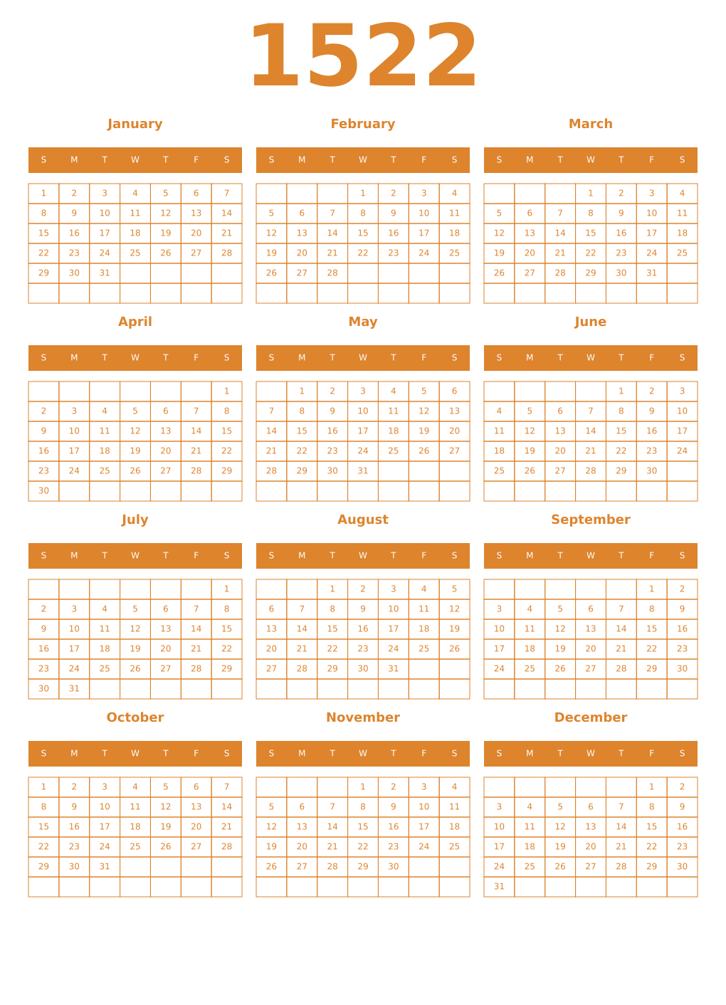Printable 1522 Year Calendars orange
