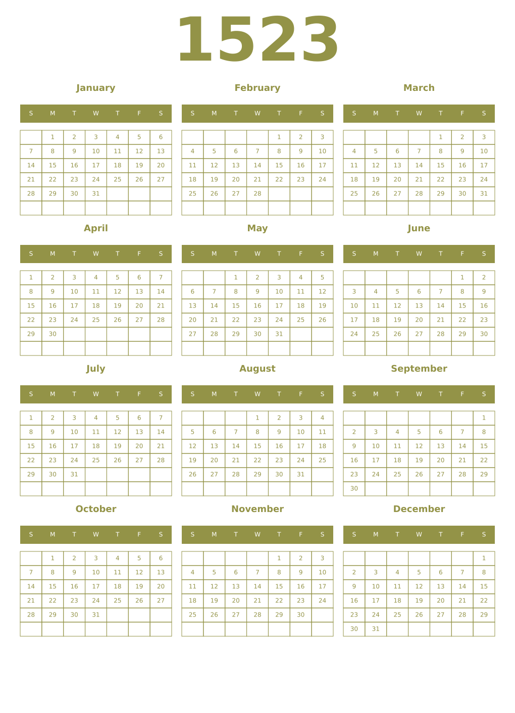 Printable 1523 Year Calendars eburnean