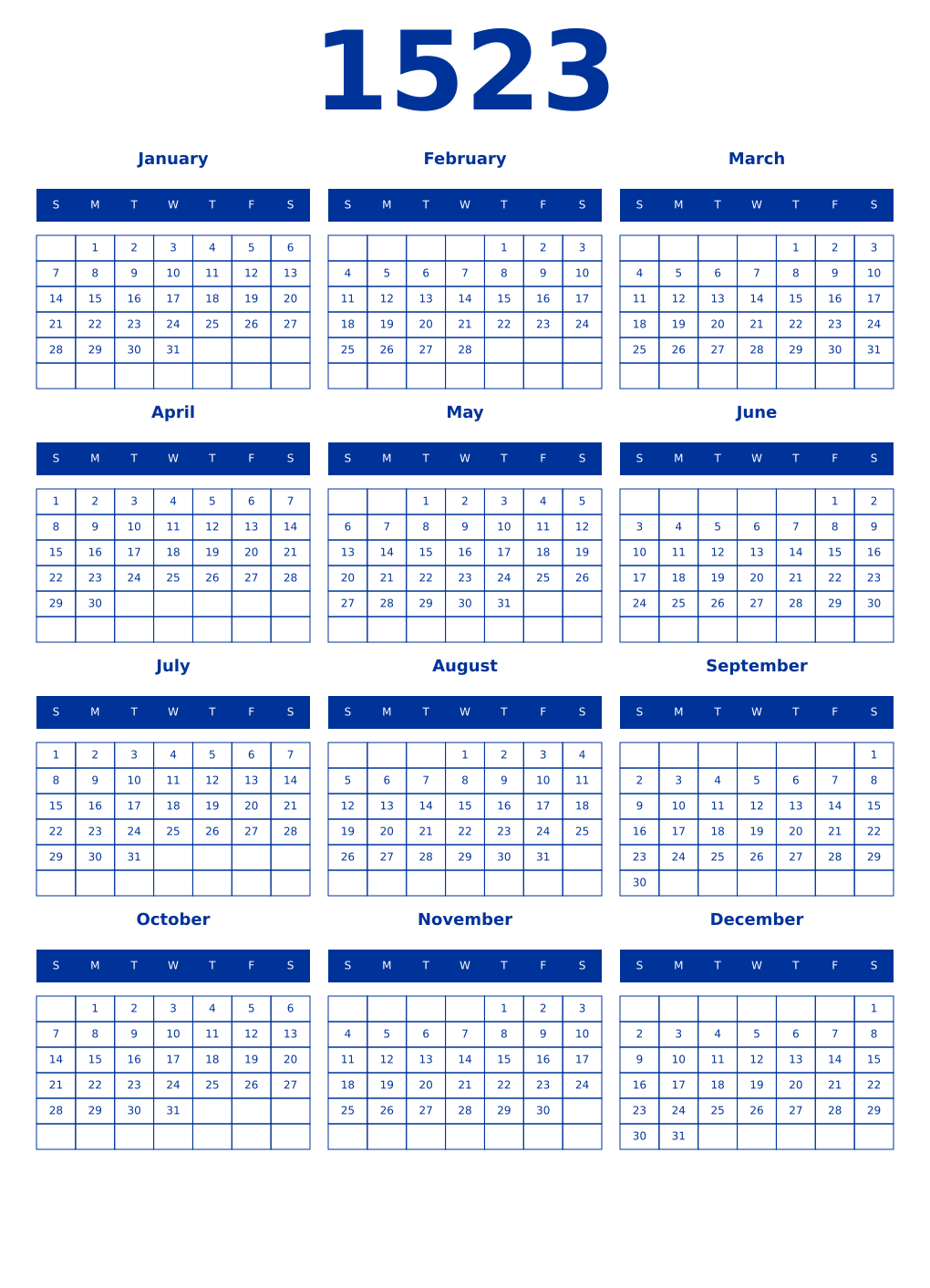 Printable 1523 Year Calendars smalt