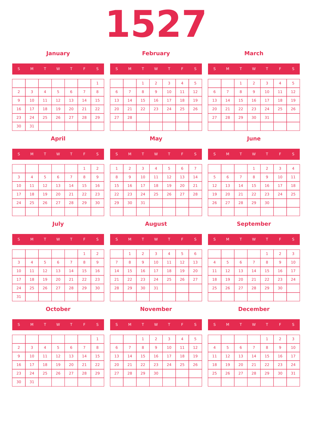 Printable 1527 Year Calendars amaranth