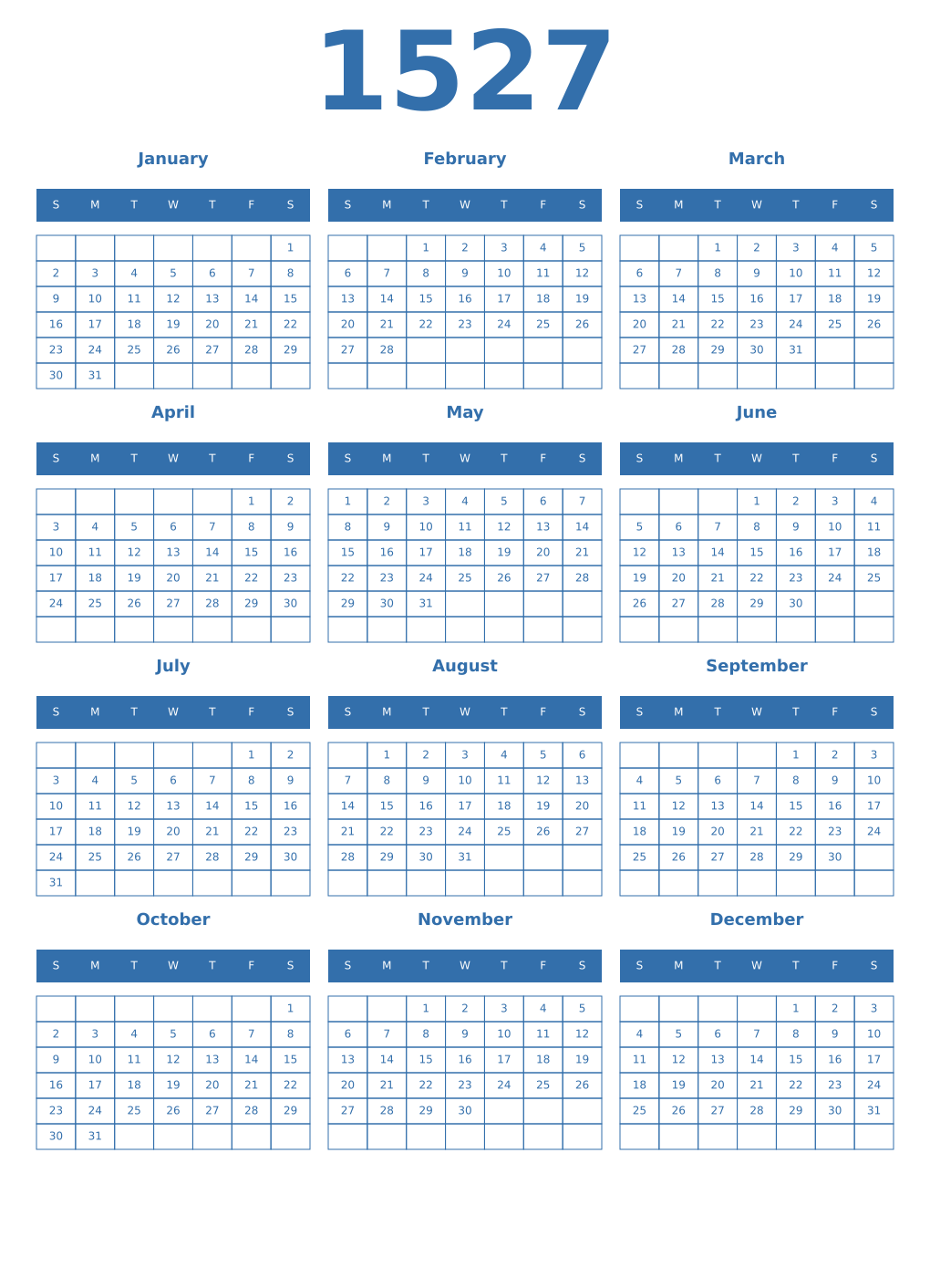 Printable 1527 Year Calendars blue