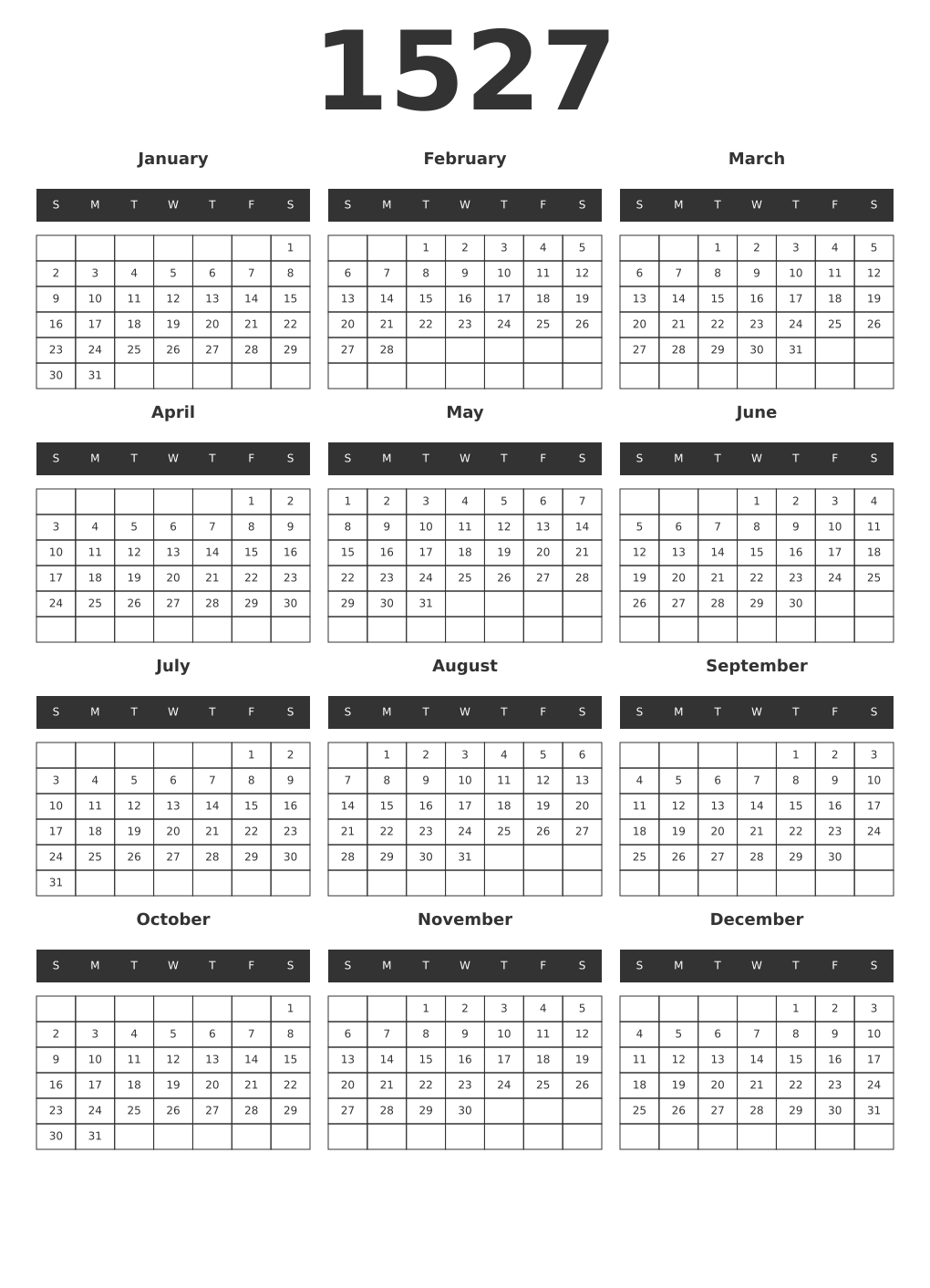 Printable 1527 Year Calendars dark