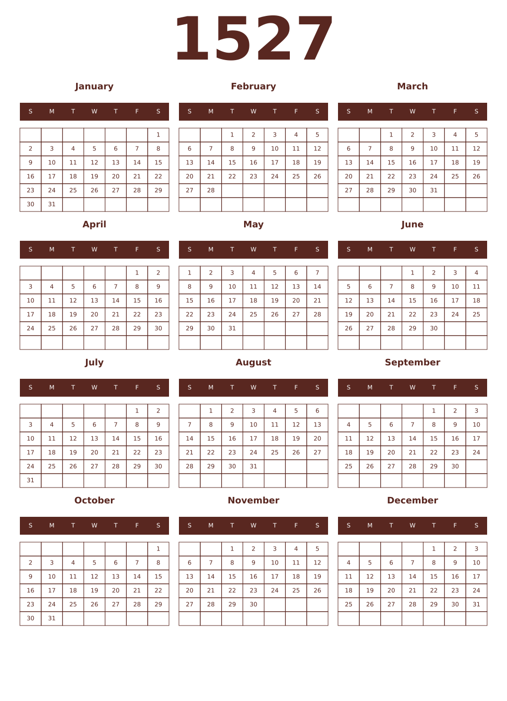 Printable 1527 Year Calendars mortuum