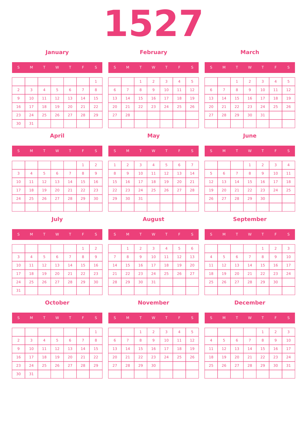 Printable 1527 Year Calendars pink