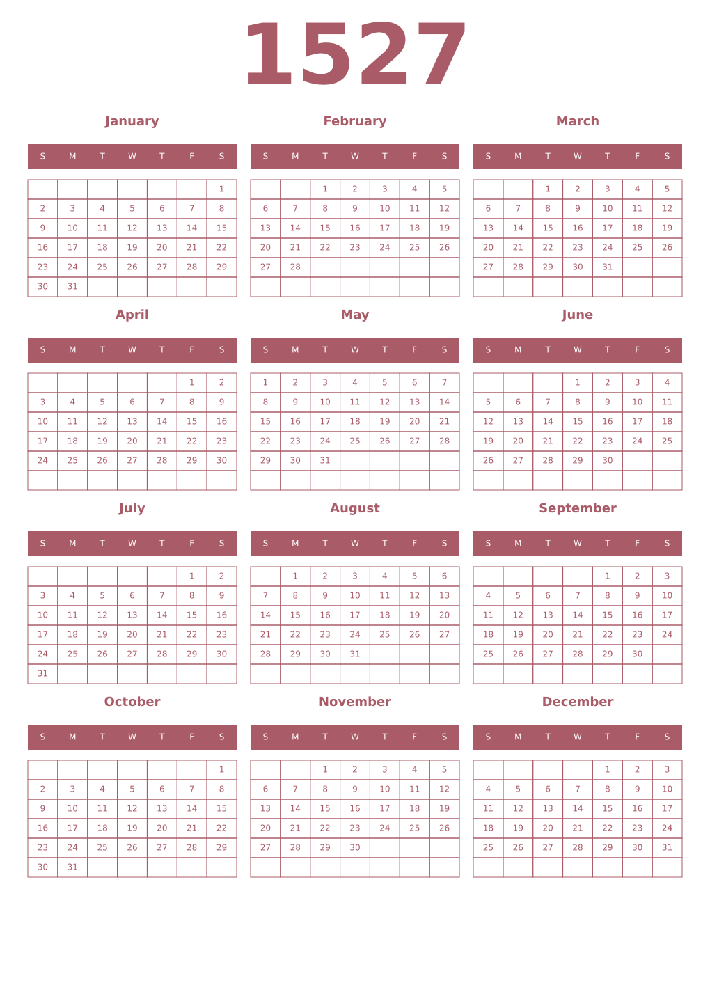 Printable 1527 Year Calendars puce