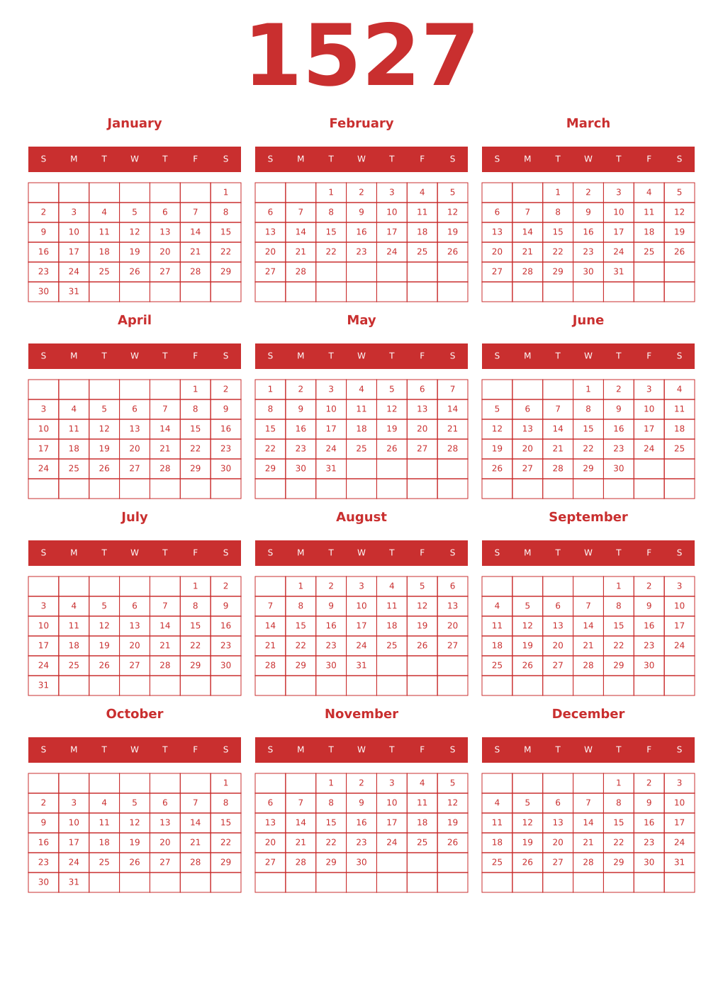 Printable 1527 Year Calendars red