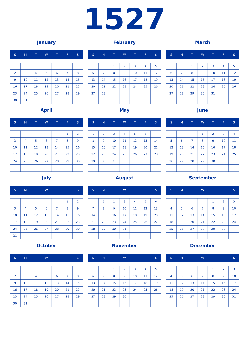 Printable 1527 Year Calendars smalt