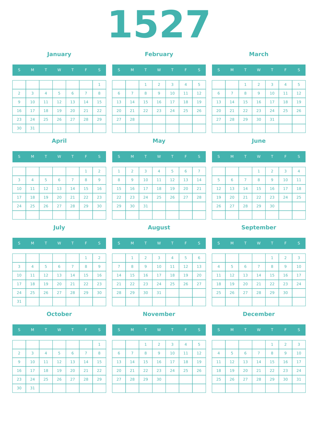 Printable 1527 Year Calendars verdigris