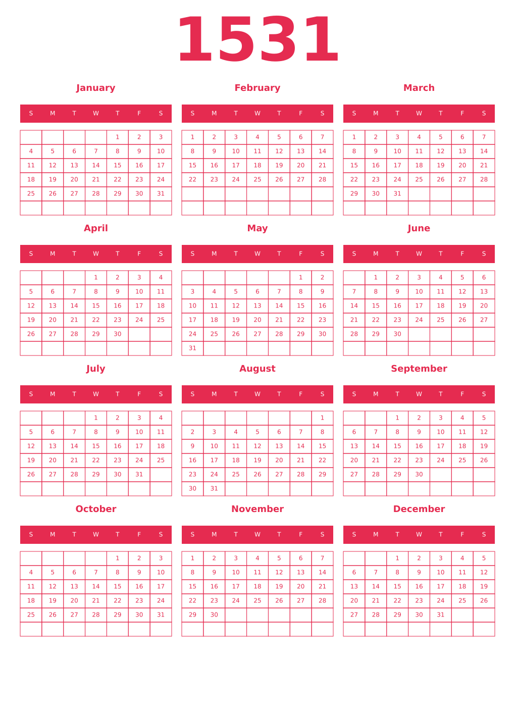 Printable 1531 Year Calendars amaranth