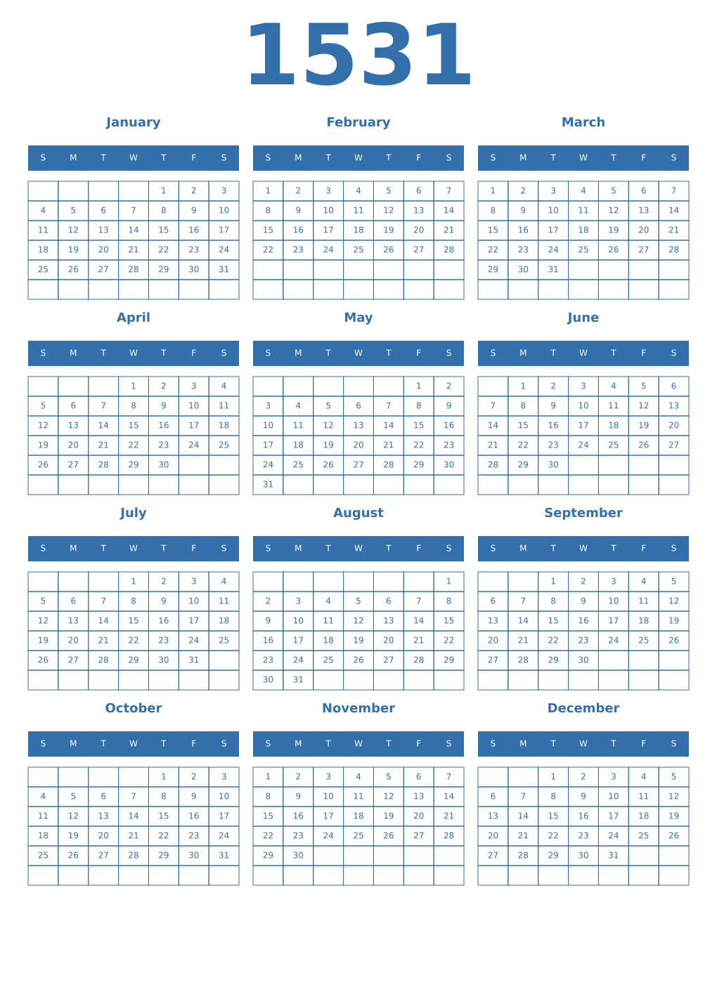 Printable 1531 Year Calendars blue